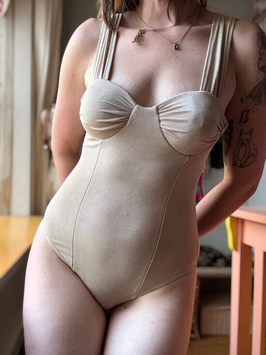 Vintage Jackets & Blazers - Vintage 80s French Bodysuit | Champagne Acetate Sculpted Bust Teddy Lingerie | M